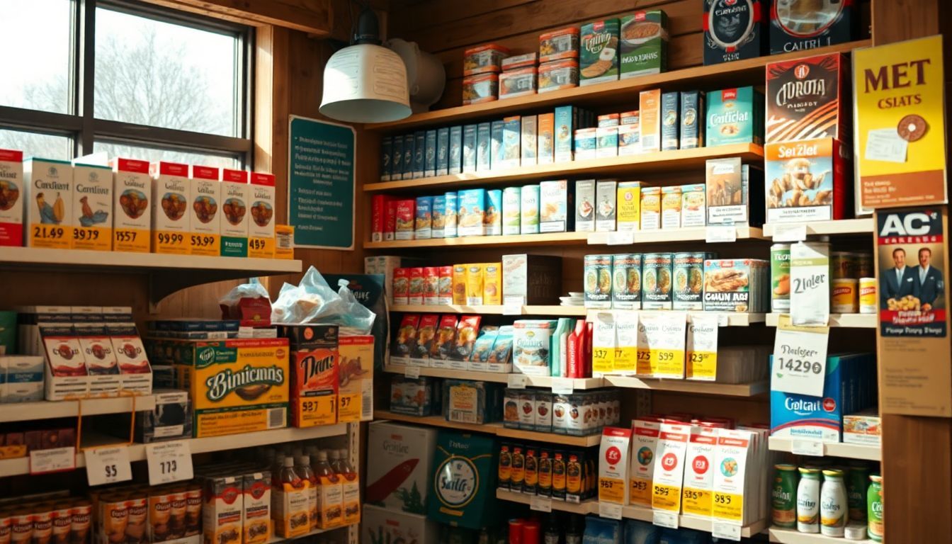 Een selectie van tabaksproducten op planken in een Duitse gemakswinkel.