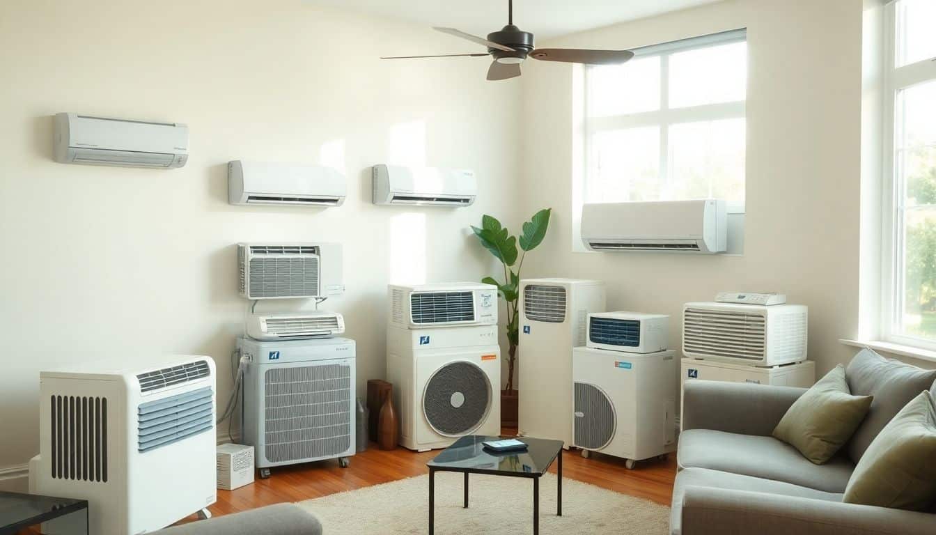 Een gezellige woonkamer toont verschillende airconditioning units ter vergelijking.