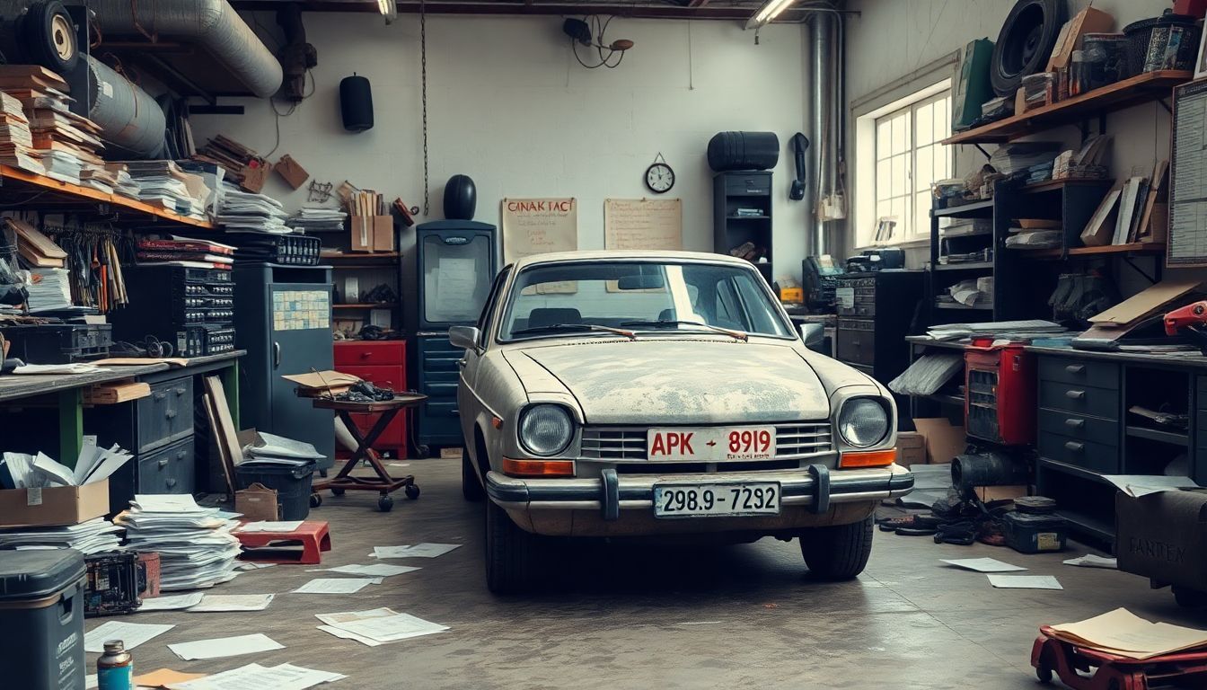 Een rommelige autogarage met een oude auto die wordt geïnspecteerd.
