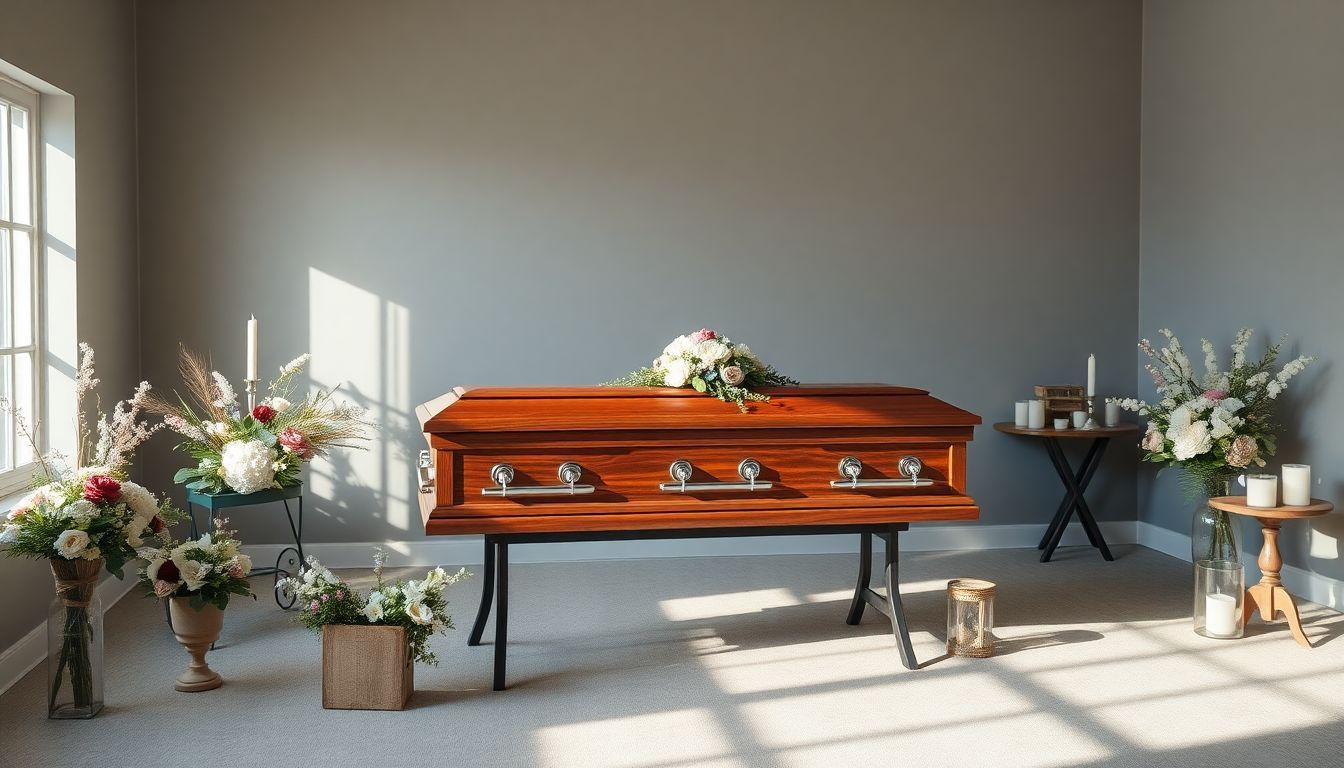 Een eerbiedige begrafenis met bloemstukken en kaarsen rondom een houten kist.