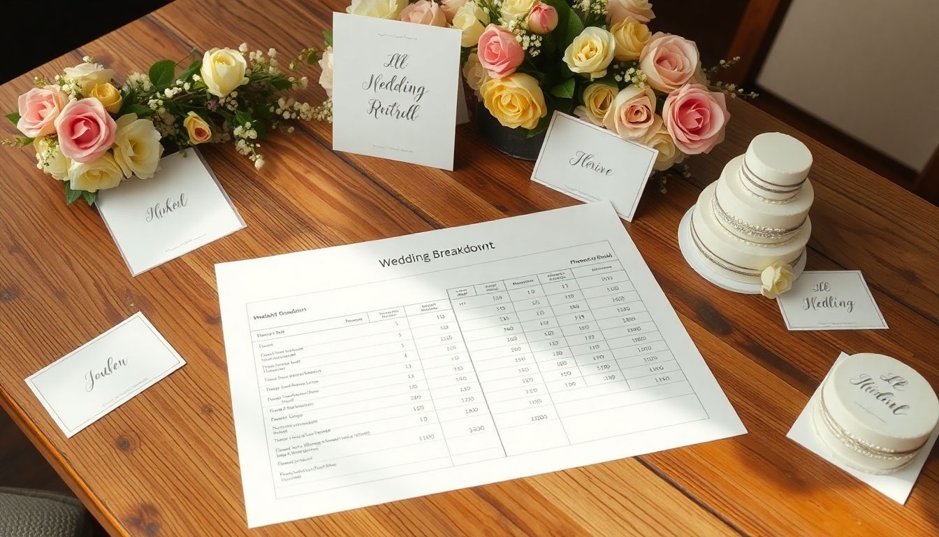 Een gedetailleerde financiële bruiloftsbegroting op een houten tafel.