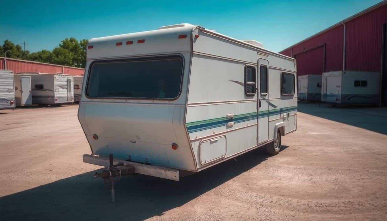 Een gebruikte camper wordt te koop aangeboden in een stoffige buitenopslag.