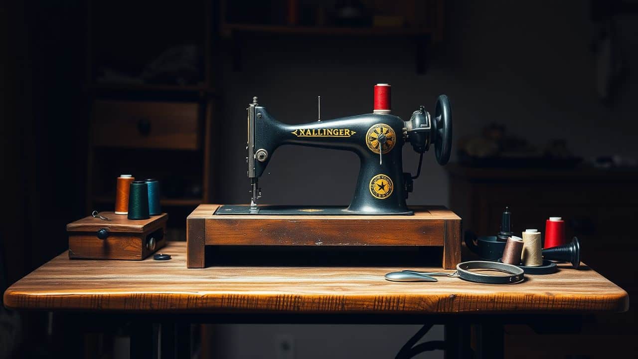 Een ouderwetse naaimachine met gekleurde garen en accessoires op tafel. Een ouderwetse naaimachine met gekleurde garen en accessoires op tafel.