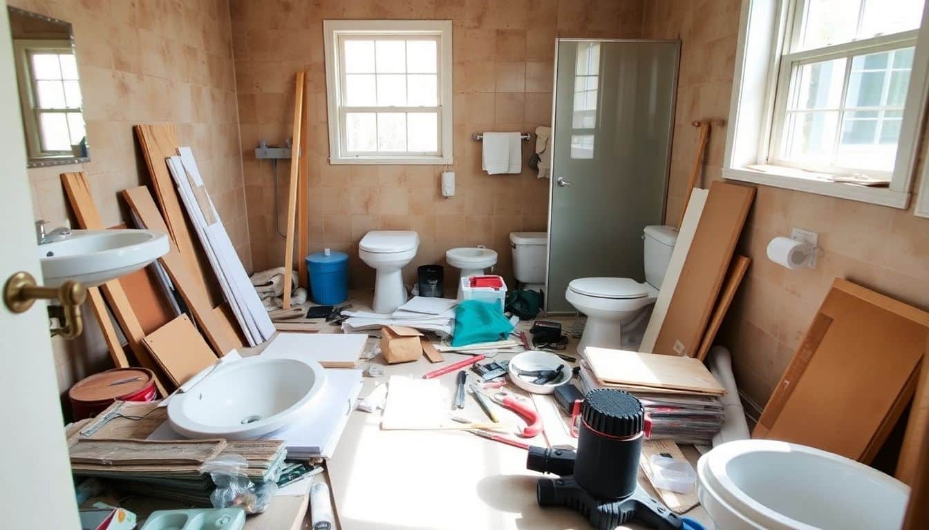 Een rommelige badkamerrenovatie toont diverse materialen, armaturen en gereedschappen.