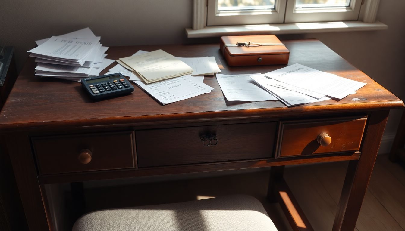 Een rommelig bureau met verspreide papieren en een rekenmachine.