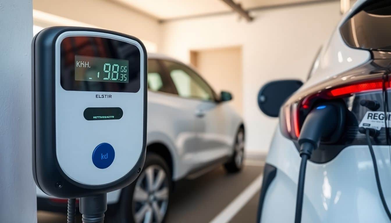 Een elektrische auto wordt opgeladen in een woonwijk garage.