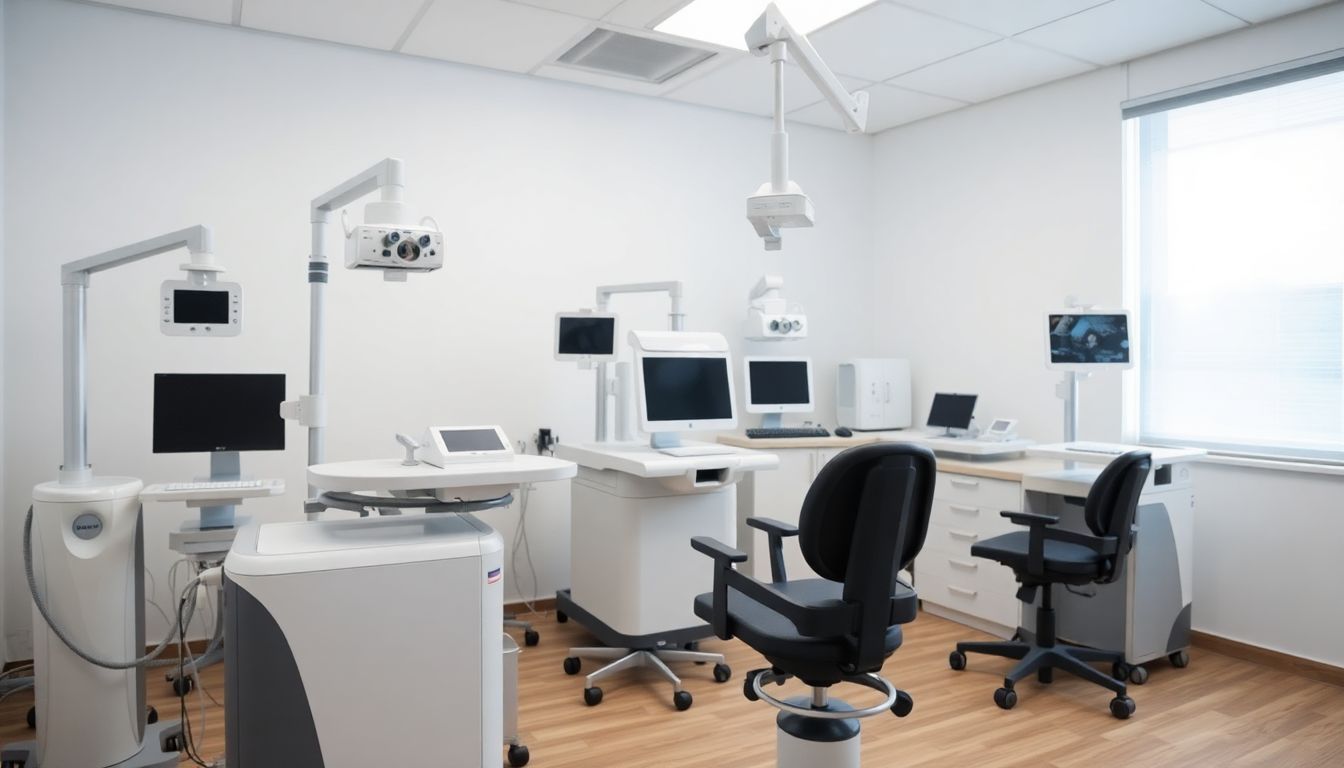Een modern oogkliniek met geavanceerde laserbehandelingsapparatuur voor visieproblemen.