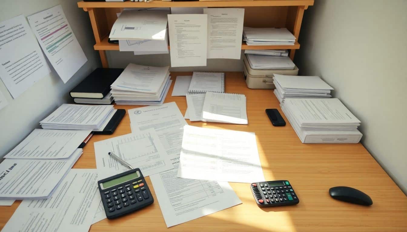Een rommelig bureau met juridische en financiële documenten en een rekenmachine.