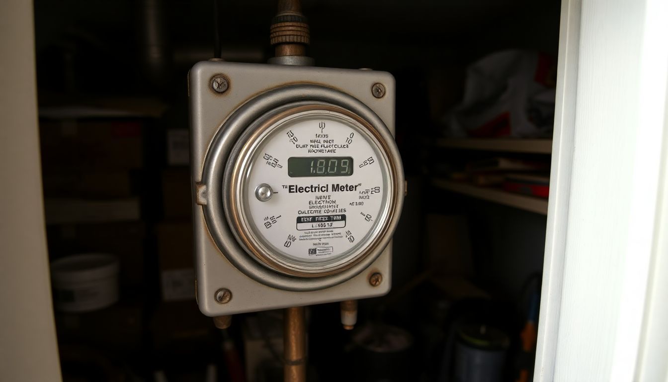 Een rommelige bijkeuken met een oude elektriciteitsmeter die het huidige stroomverbruik aangeeft.