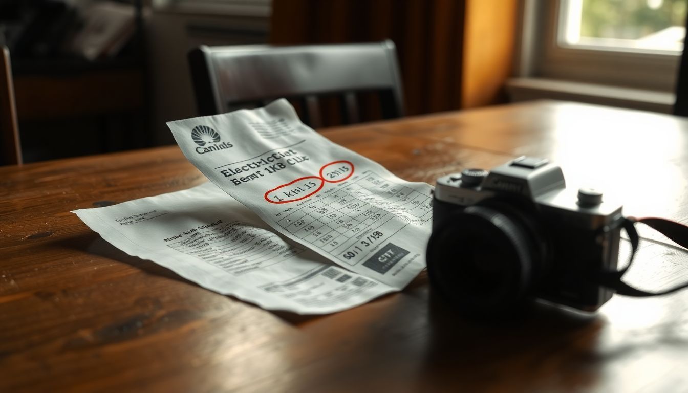 Een close-up foto van een oude elektriciteitsrekening op een houten tafel.