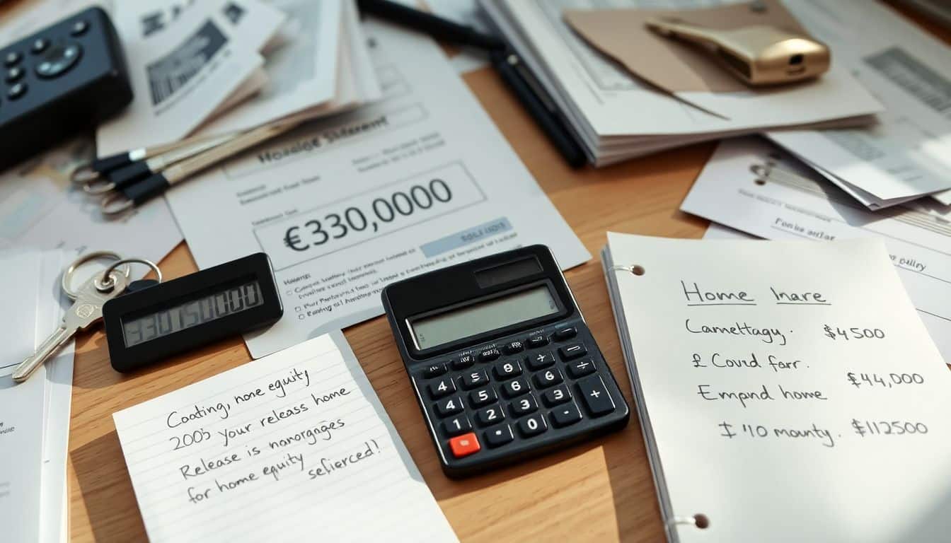Een rommelig bureau met financiële documenten en notities over een hypotheek.