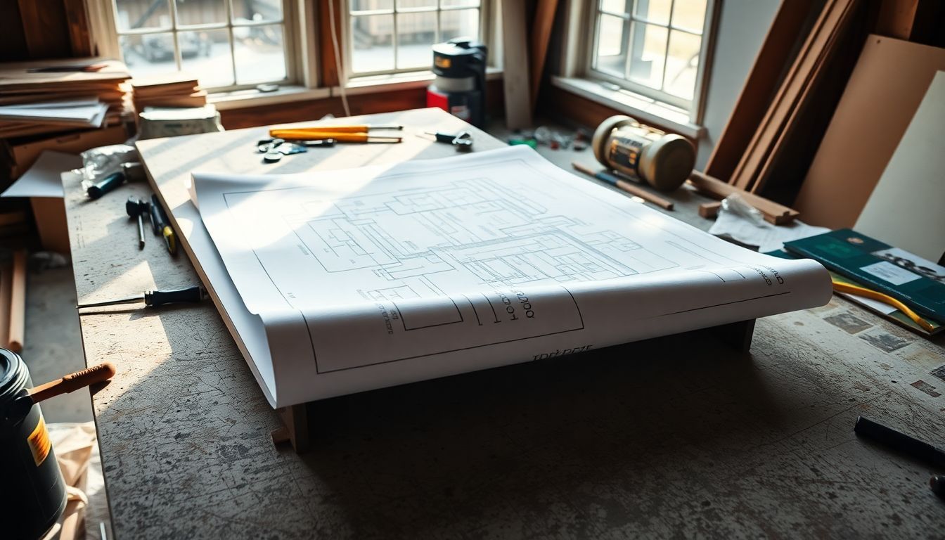 Een architectonische blauwdruk voor een uitbreidingsproject op een rommelige bouwtafel.