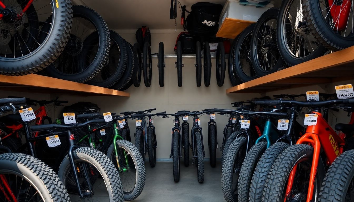 Een rommelige garage met verschillende fatbikes op planken met prijskaartjes.