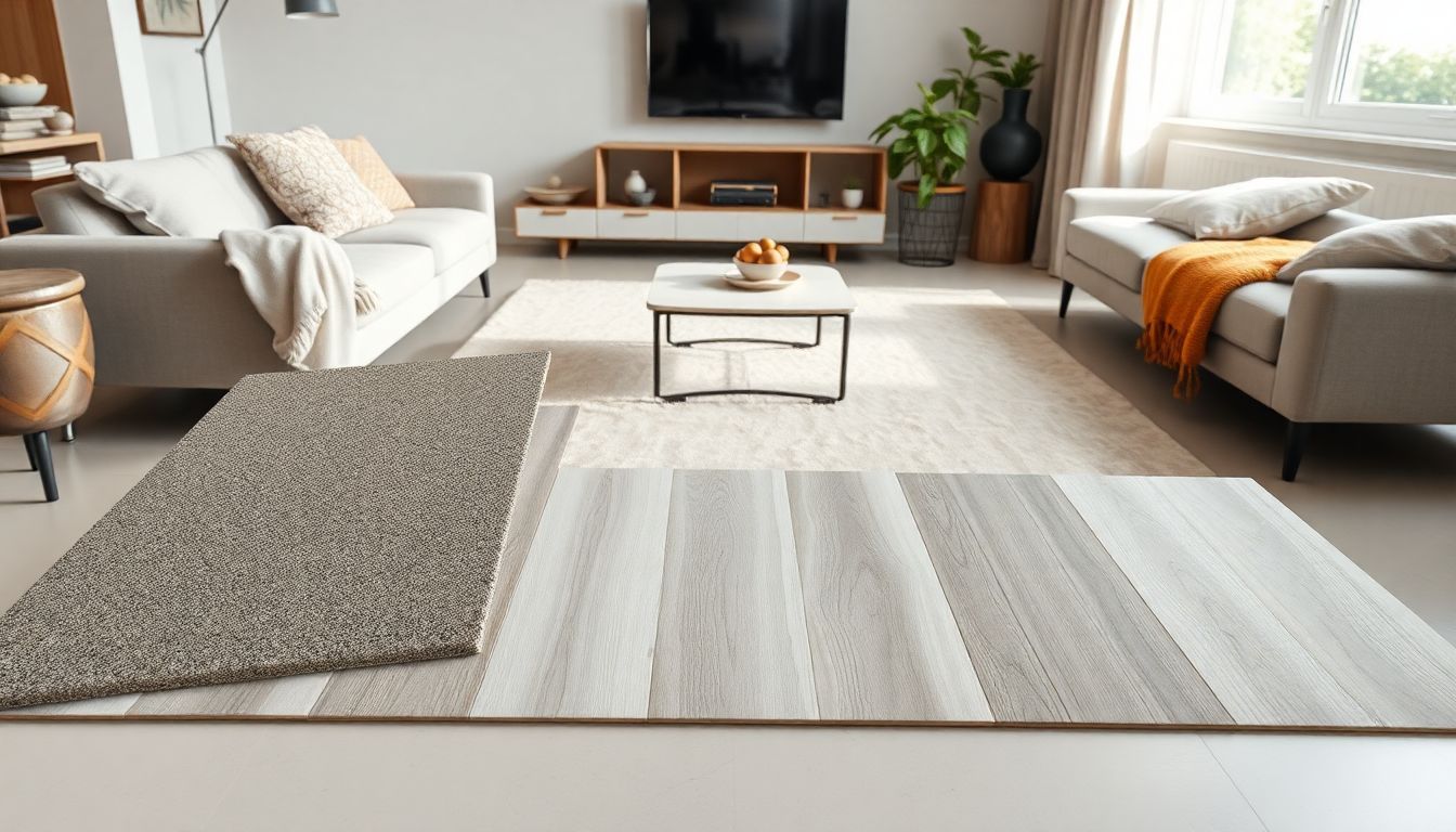 Verschillende gietvloer samples tentoongesteld in een modern woonkamer.