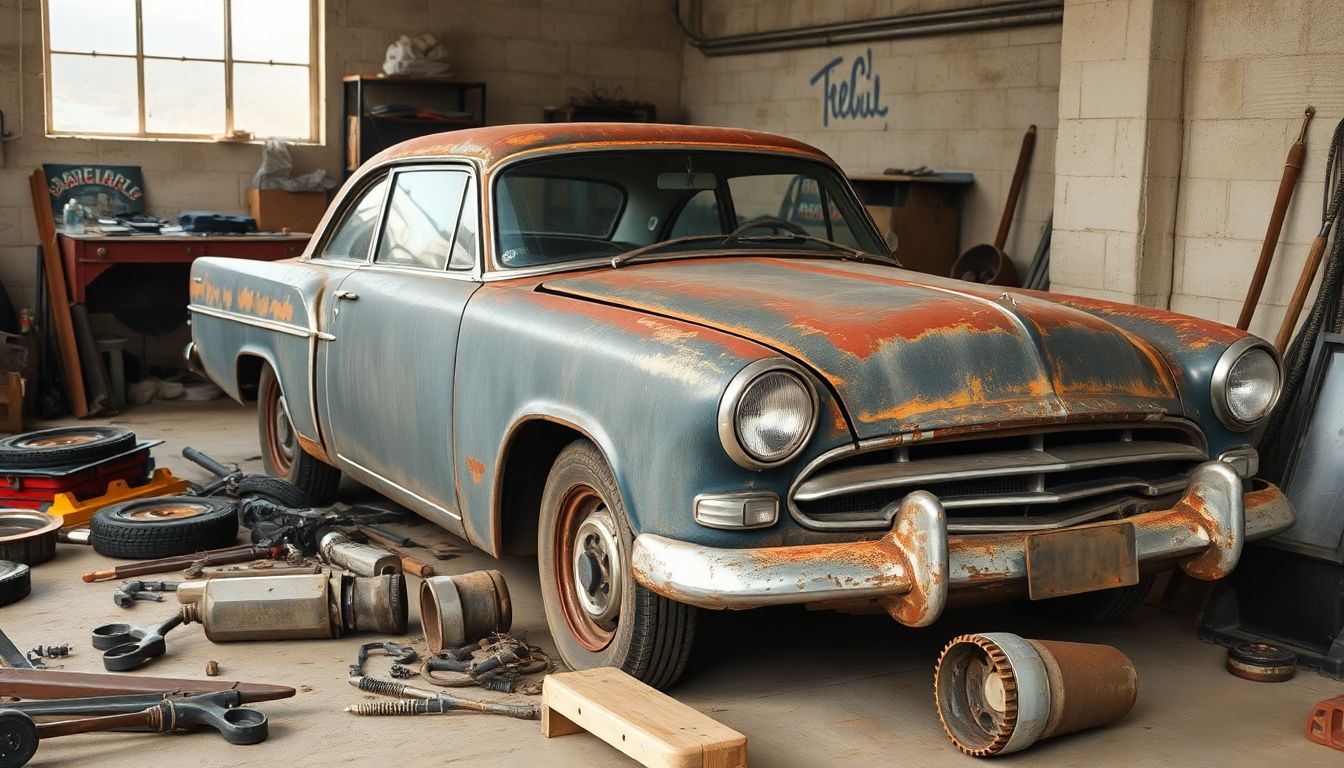 Een oude, roestige auto in een garage met verspreide gereedschappen en onderdelen.