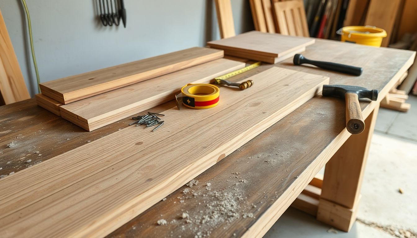 Een werkbank in een garage met bouwmaterialen en gereedschappen.