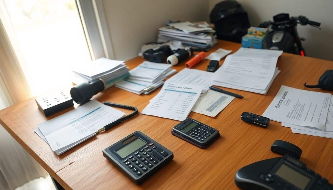 Een rommelig bureau met motorrijbewijsuitgaven en accessoires.