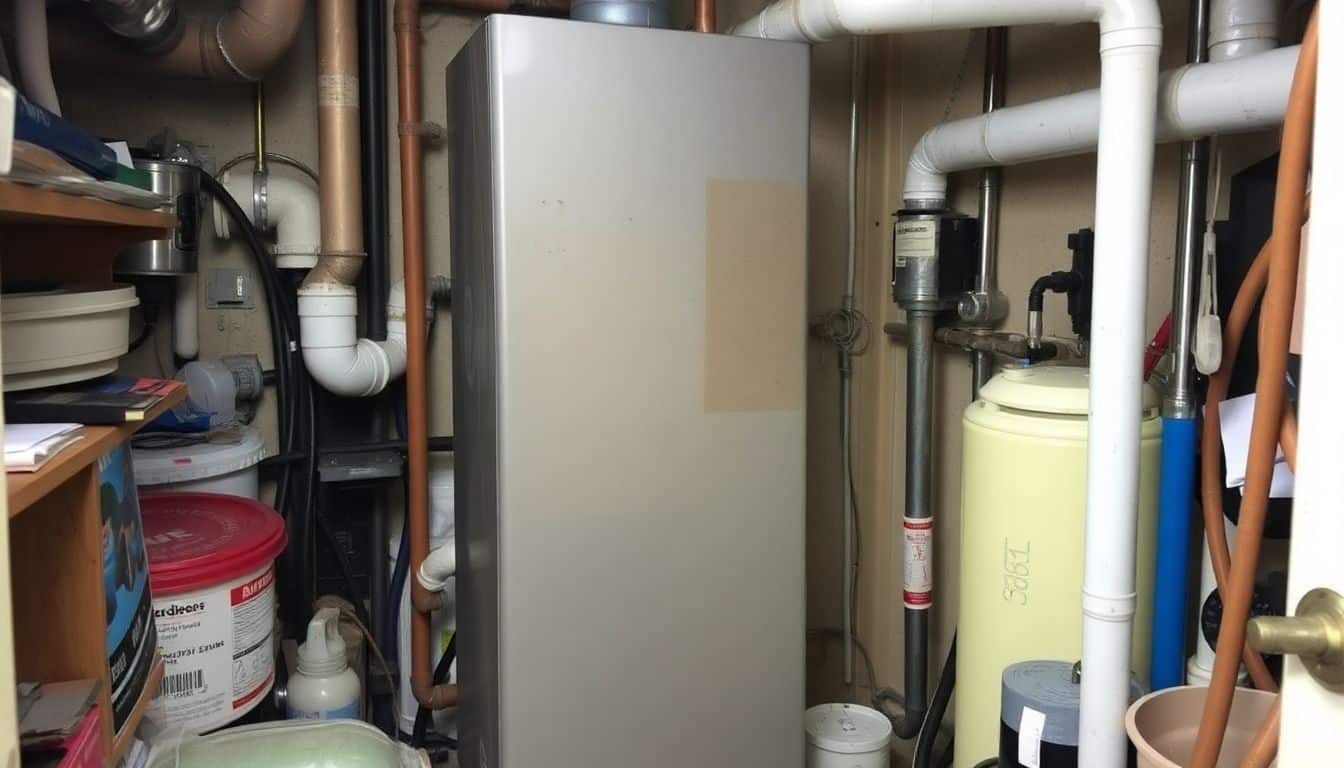 Een oude, versleten boiler in een rommelige bijkeuken.