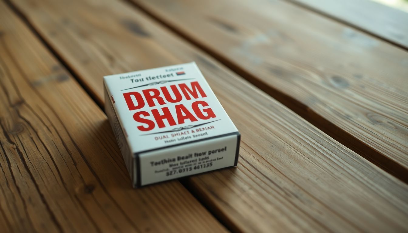 Een pak Drum Shag tabak op een houten tafel.