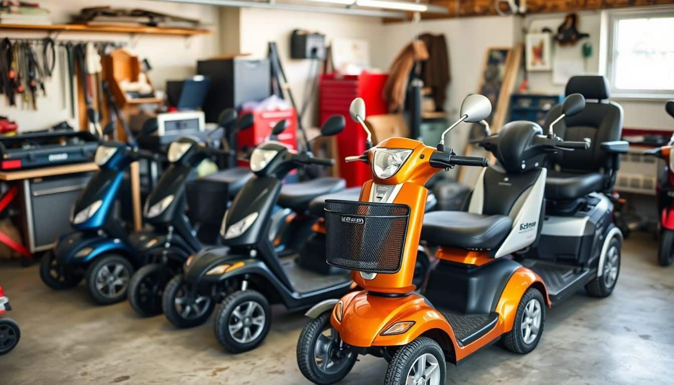 Een rij scootmobielen geparkeerd in een rommelige garage.