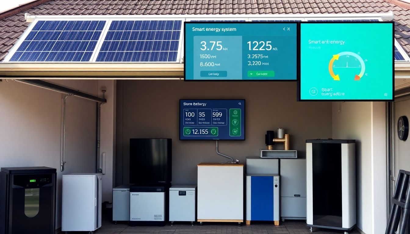 Een moderne garage met zonne-energie en thuisbatterijsystemen.
