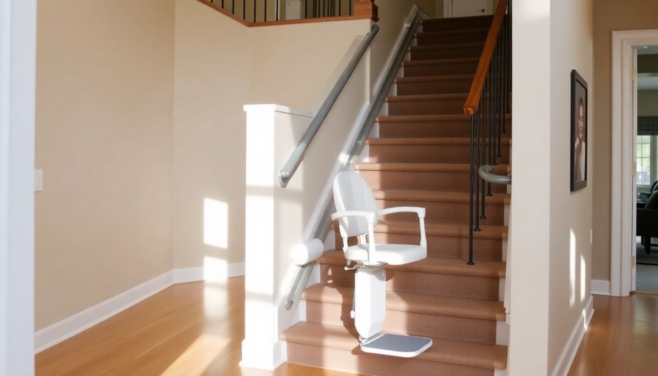 Een moderne trap met een strakke traplift in een huis.