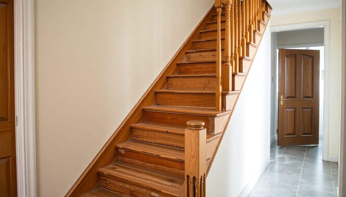 Een versleten houten trap in een gang met renovatiebehoeften.