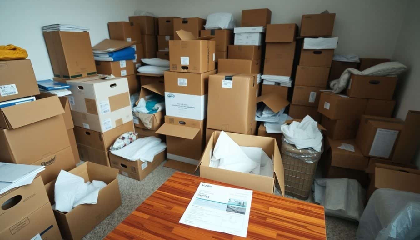 Een rommelige kamer vol verhuisdozen en inpakmaterialen, met een factuur van een verhuisbedrijf.