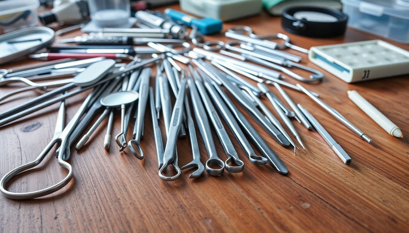 Een rommelig tandartspraktijk met diverse tandheelkundige instrumenten op tafel.