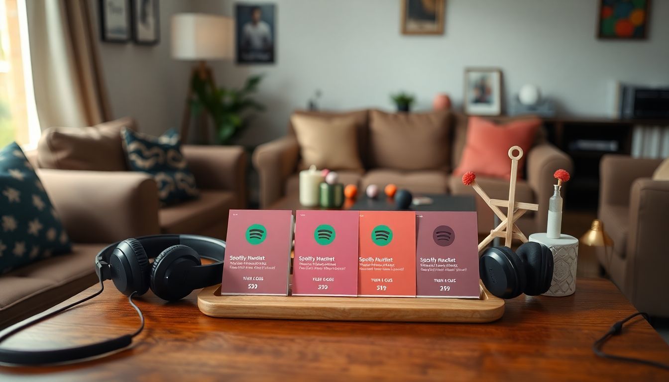 Een tafel met Spotify-abonnementsopties en muziekdecoraties in een gezellige woonkamer.