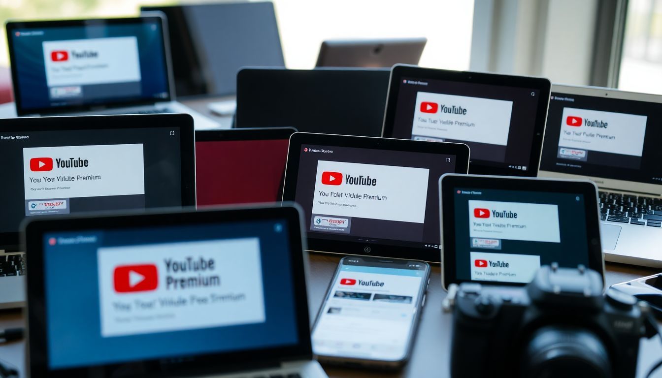 Verschillende elektronische apparaten tonen YouTube Premium abonnementsopties en prijzen.