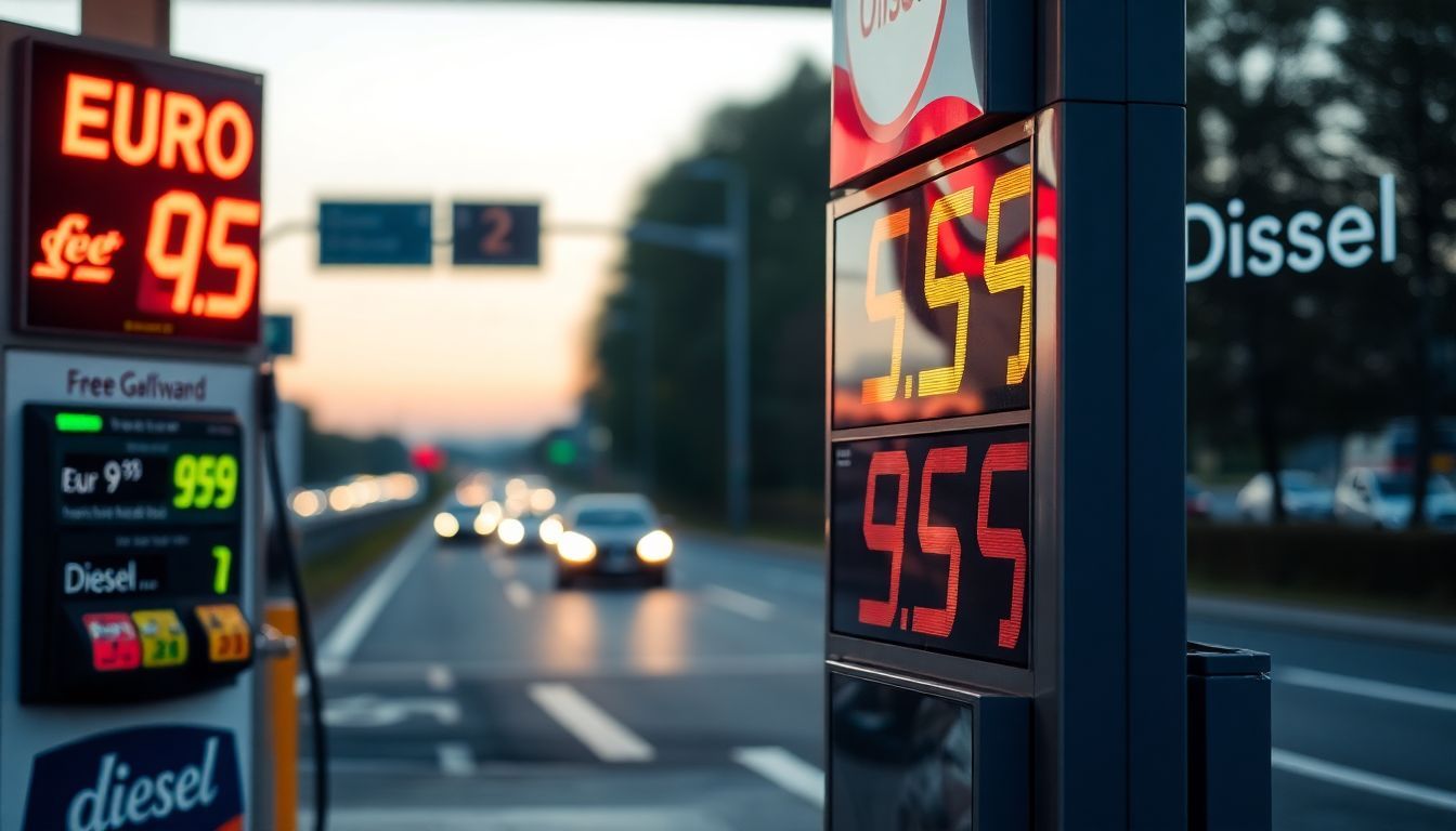 Een benzinepomp in Duitsland met neonlichten en voorbijrijdende auto's.