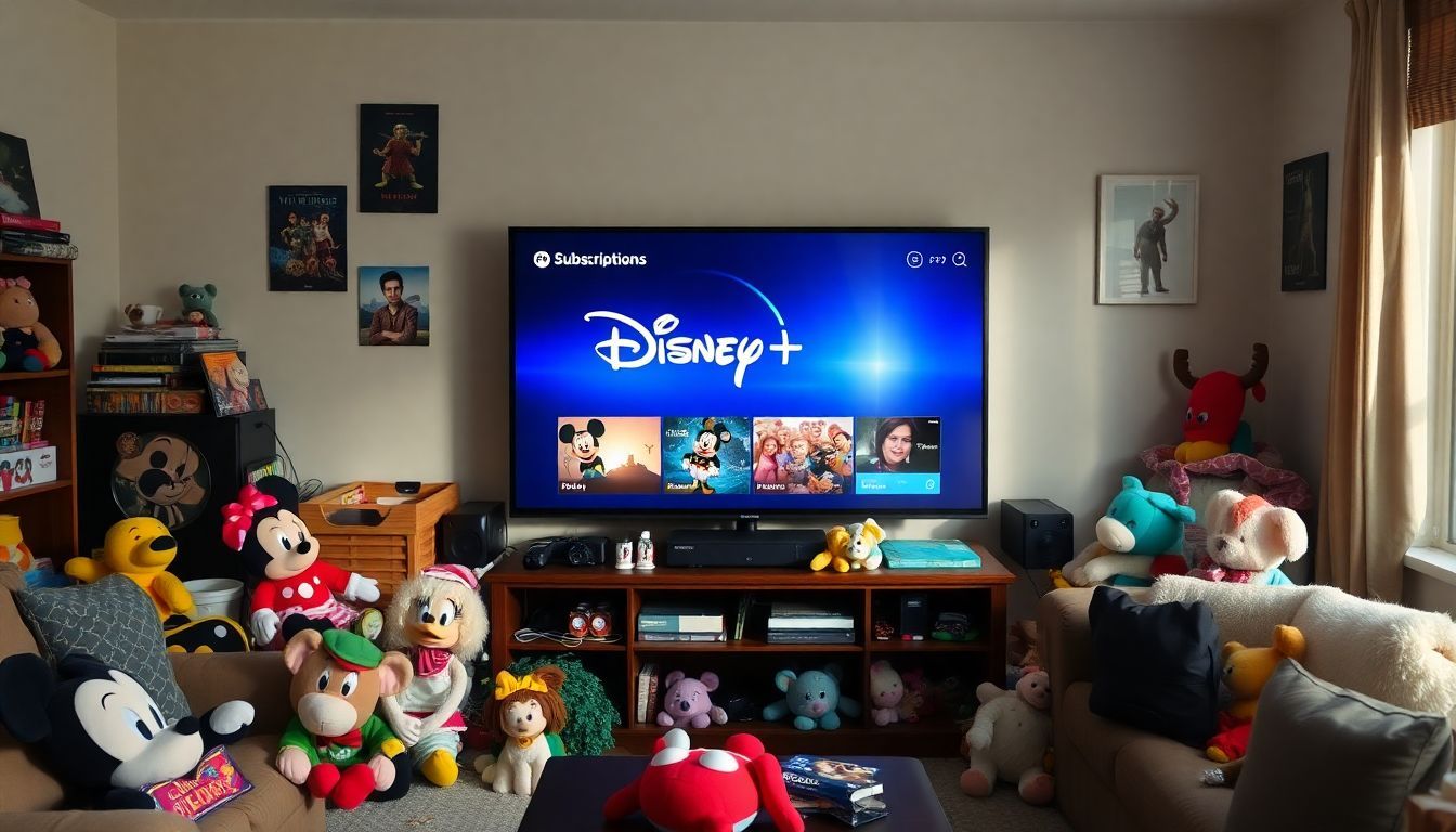 Een gezellige woonkamer met Disney-thema en Disney+ abonnement.