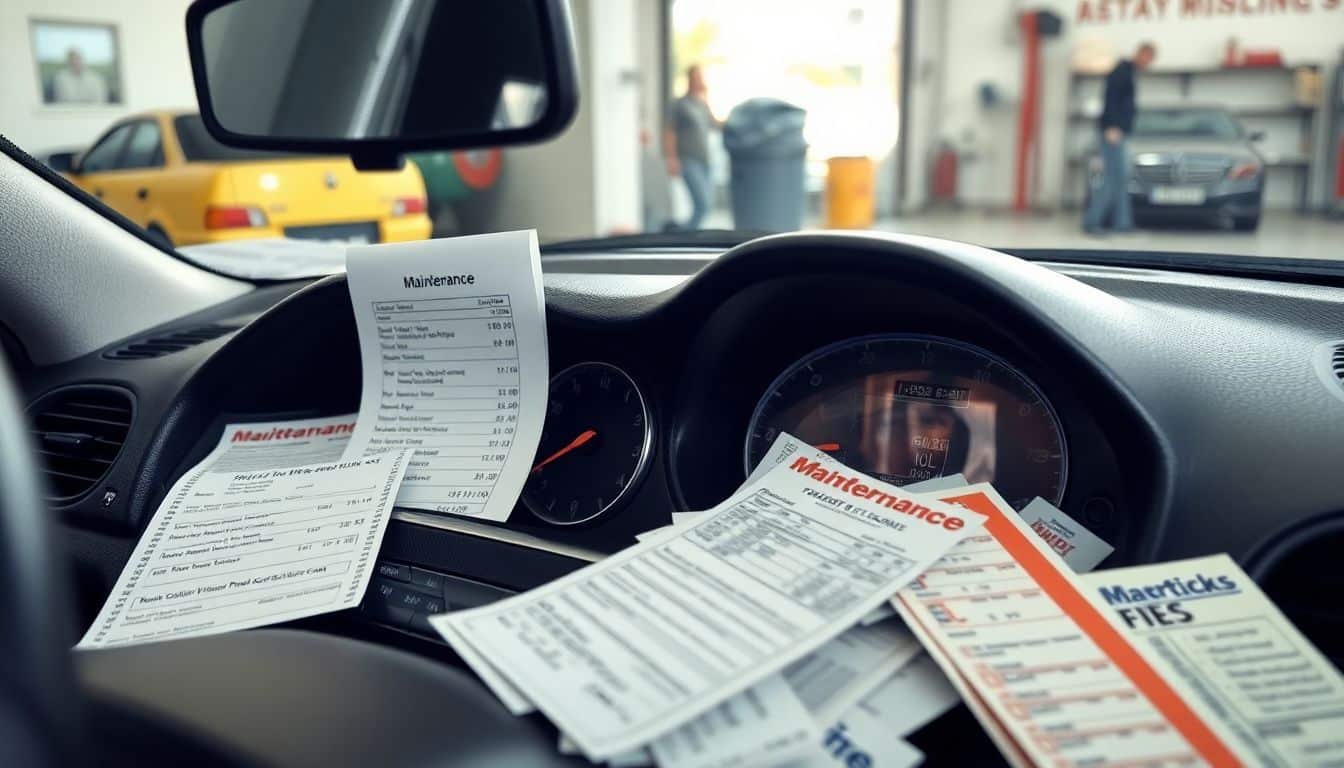 Een rommelig autodashboard met rekeningen en parkeerboetes in een garage.