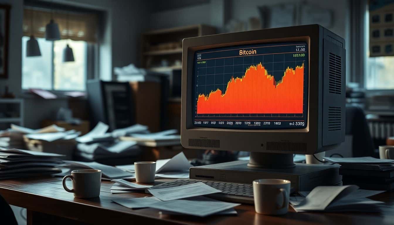 Een oude computermonitor toont een real-time Bitcoin prijsgrafiek in een rommelige werkruimte.