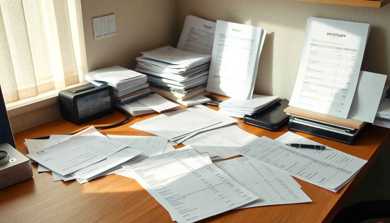 Een rommelig bureau met fysiotherapie-kosten en documenten.