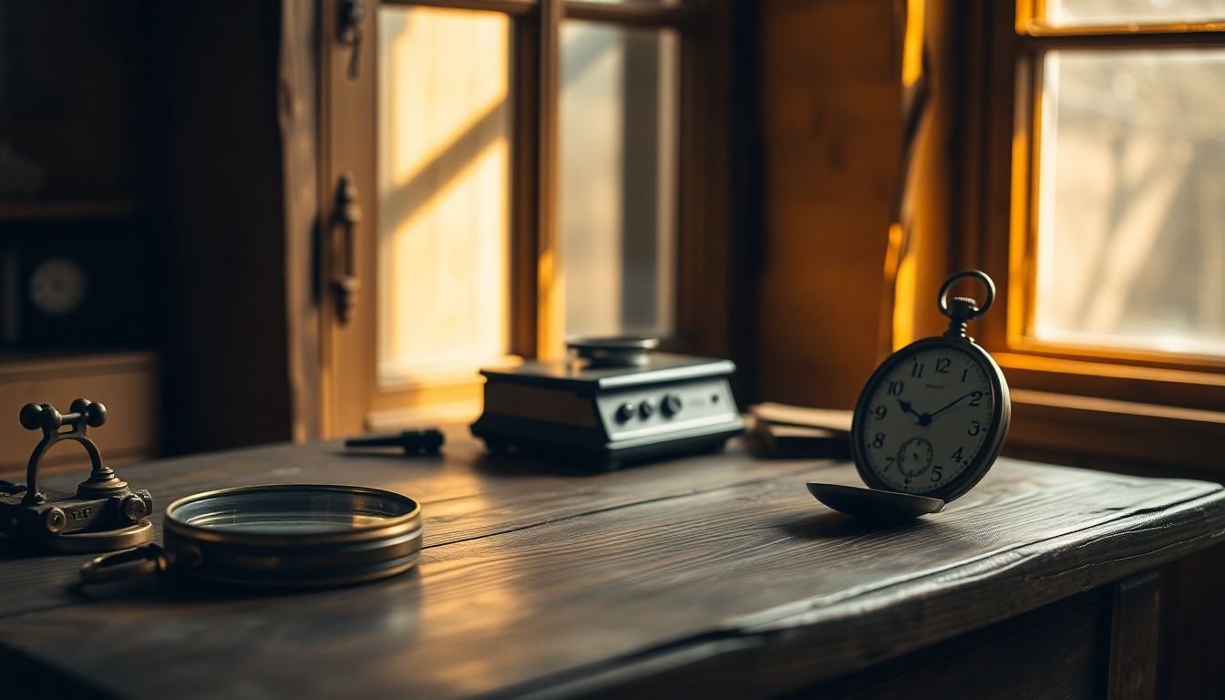 Een rustieke houten bureau met vintage items gerelateerd aan goudprijzen.