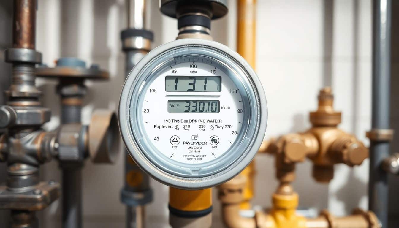Een foto van een watermeter toont de huidige drinkwatertarieven.