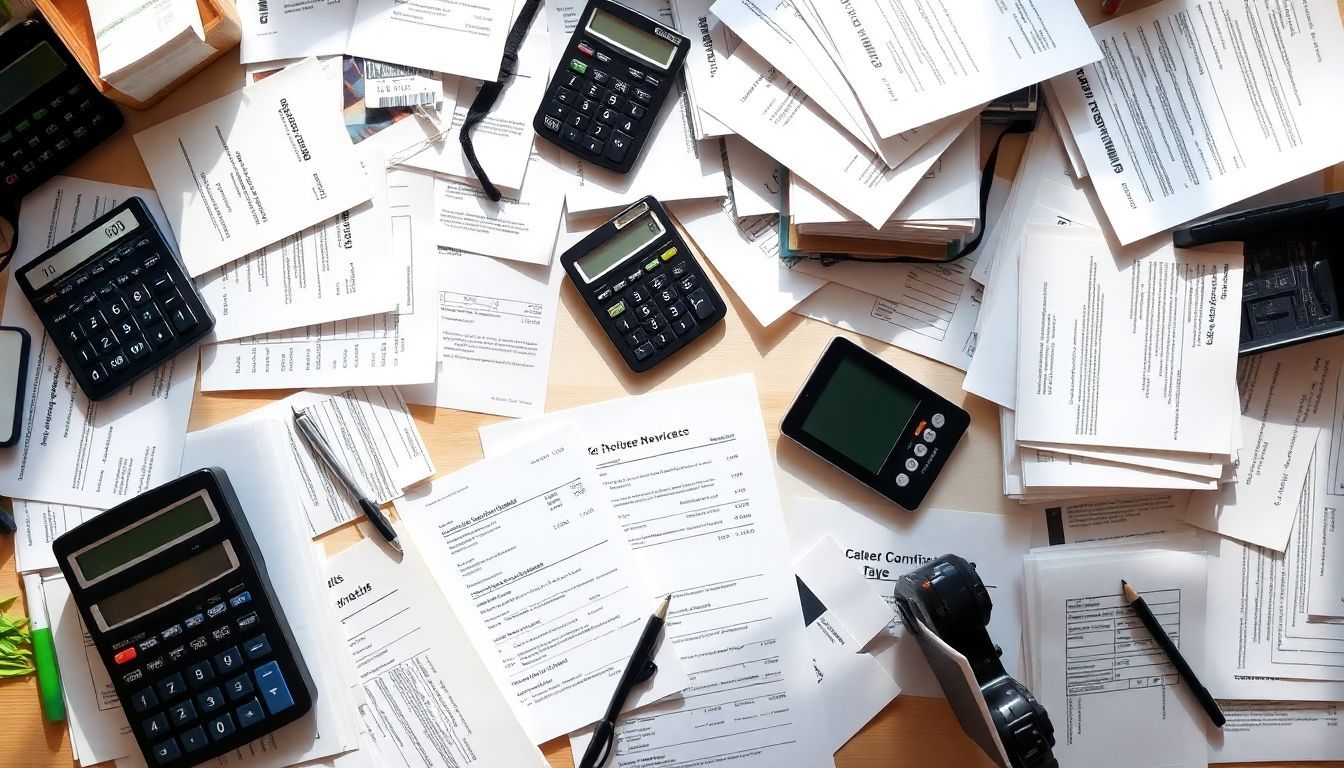 Een rommelig bureau vol met papierwerk en bonnetjes gerelateerd aan het inhuren van een makelaar in Nederland.