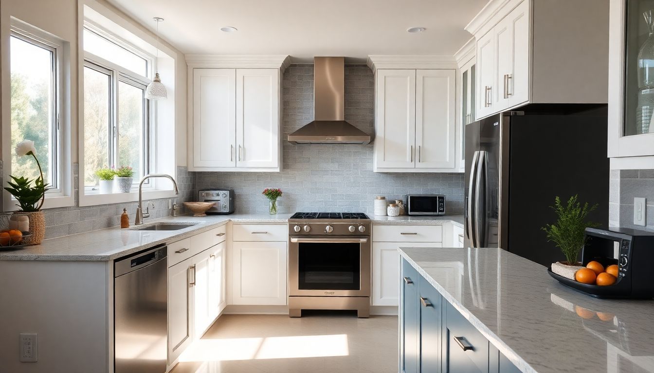 Een moderne keuken met luxe apparaten, kasten en werkbladen.