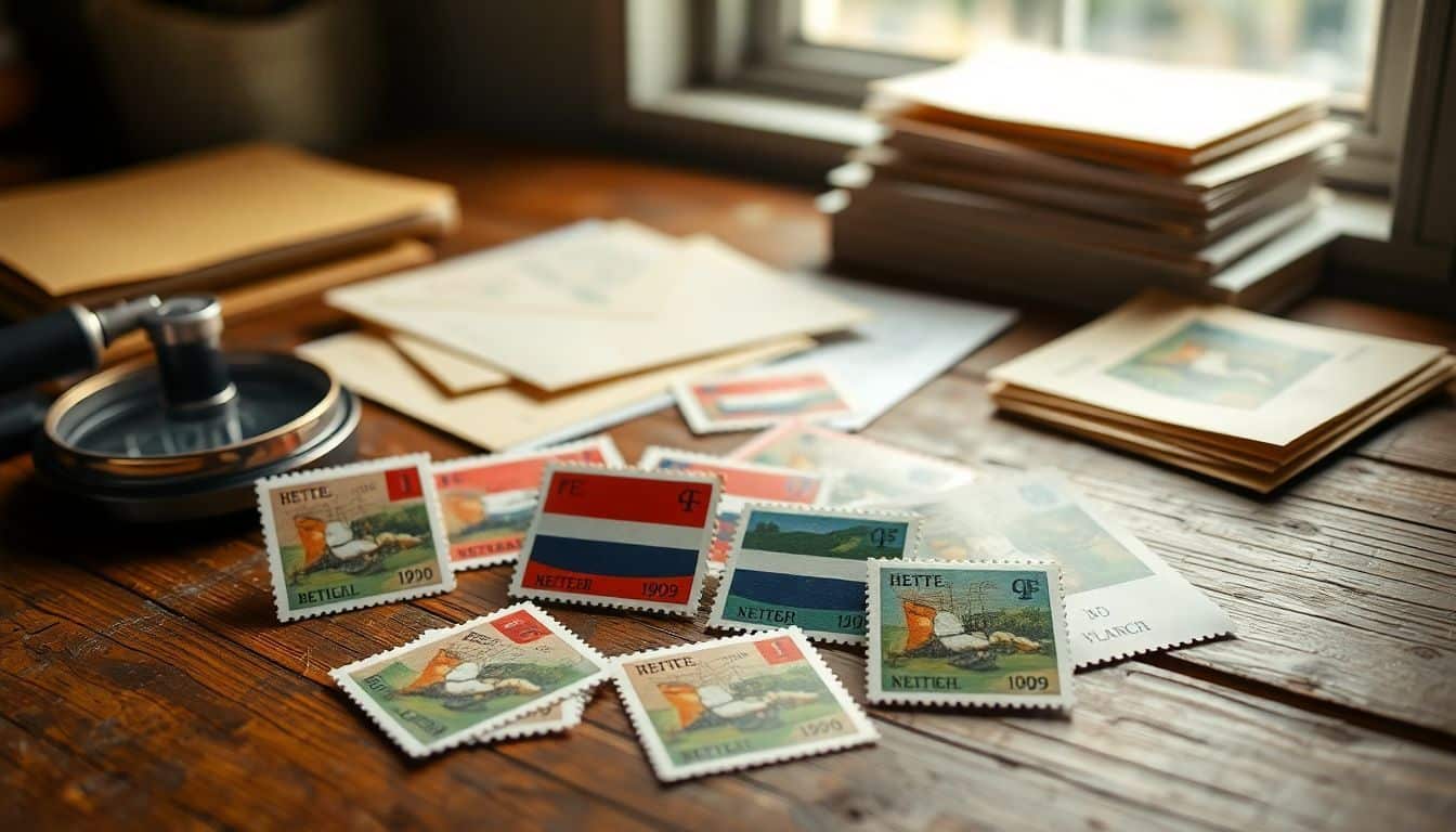 Een verzameling Nederlandse postzegels op een houten tafel.
