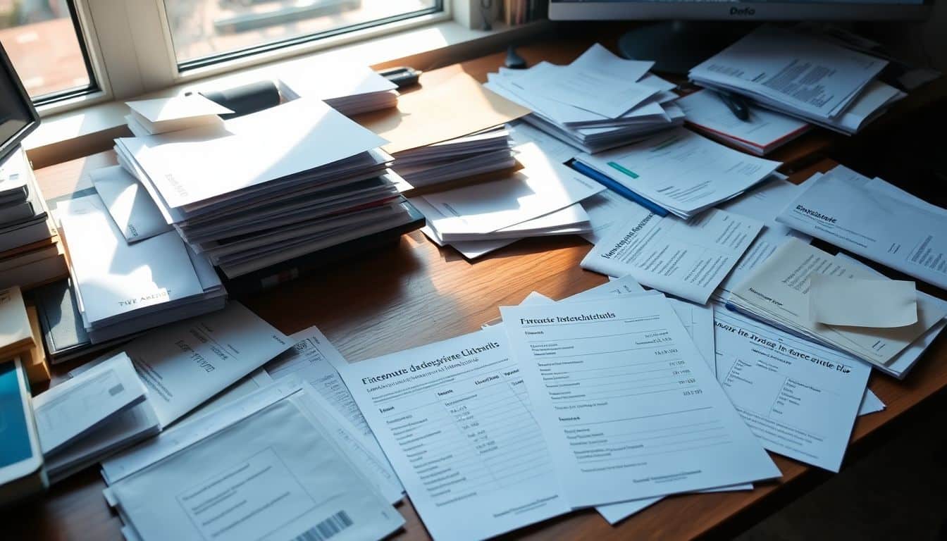 Een rommelig bureau vol met papierwerk en bonnetjes.