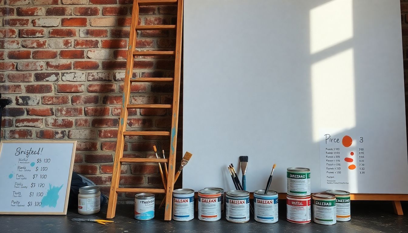 Een houten ladder, verf, en canvas tegen een bakstenen muur.
