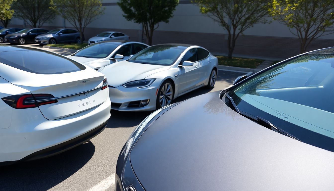 Een line-up van verschillende modellen van Tesla, variërend in prijs.