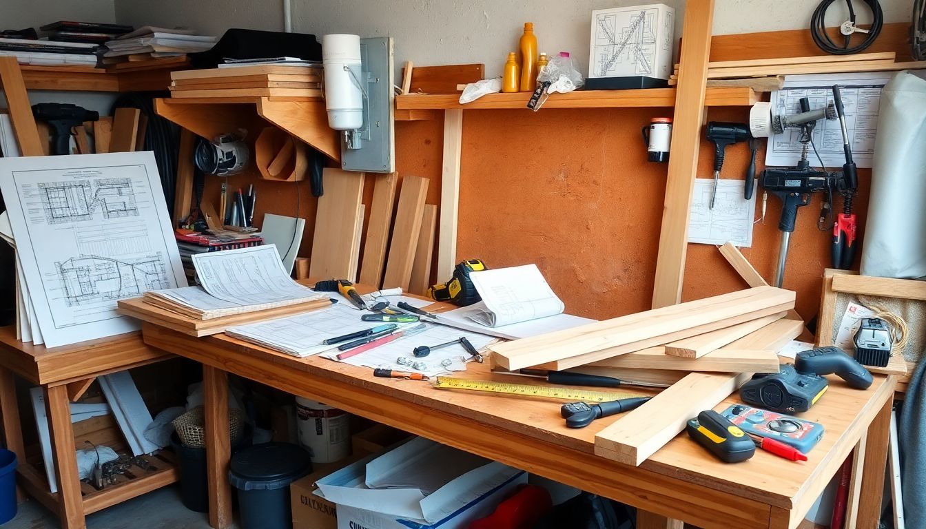 Een rommelige werkbank vol bouwmaterialen en gereedschap in een garage.