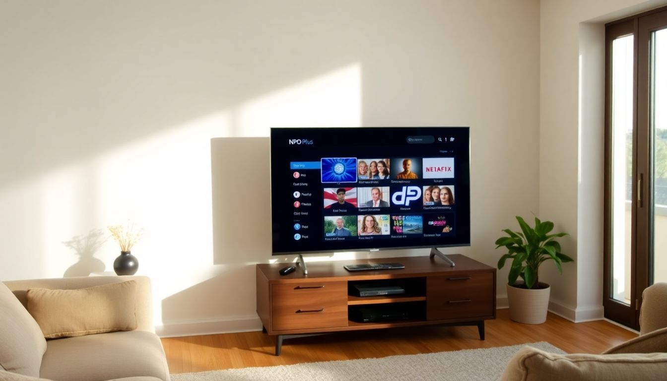Een opgeruimde woonkamer met een moderne flatscreen-tv met NPO Plus interface.