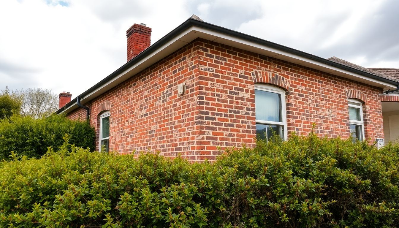 Een verweerd bakstenen huis met scheuren en overwoekerde struiken.