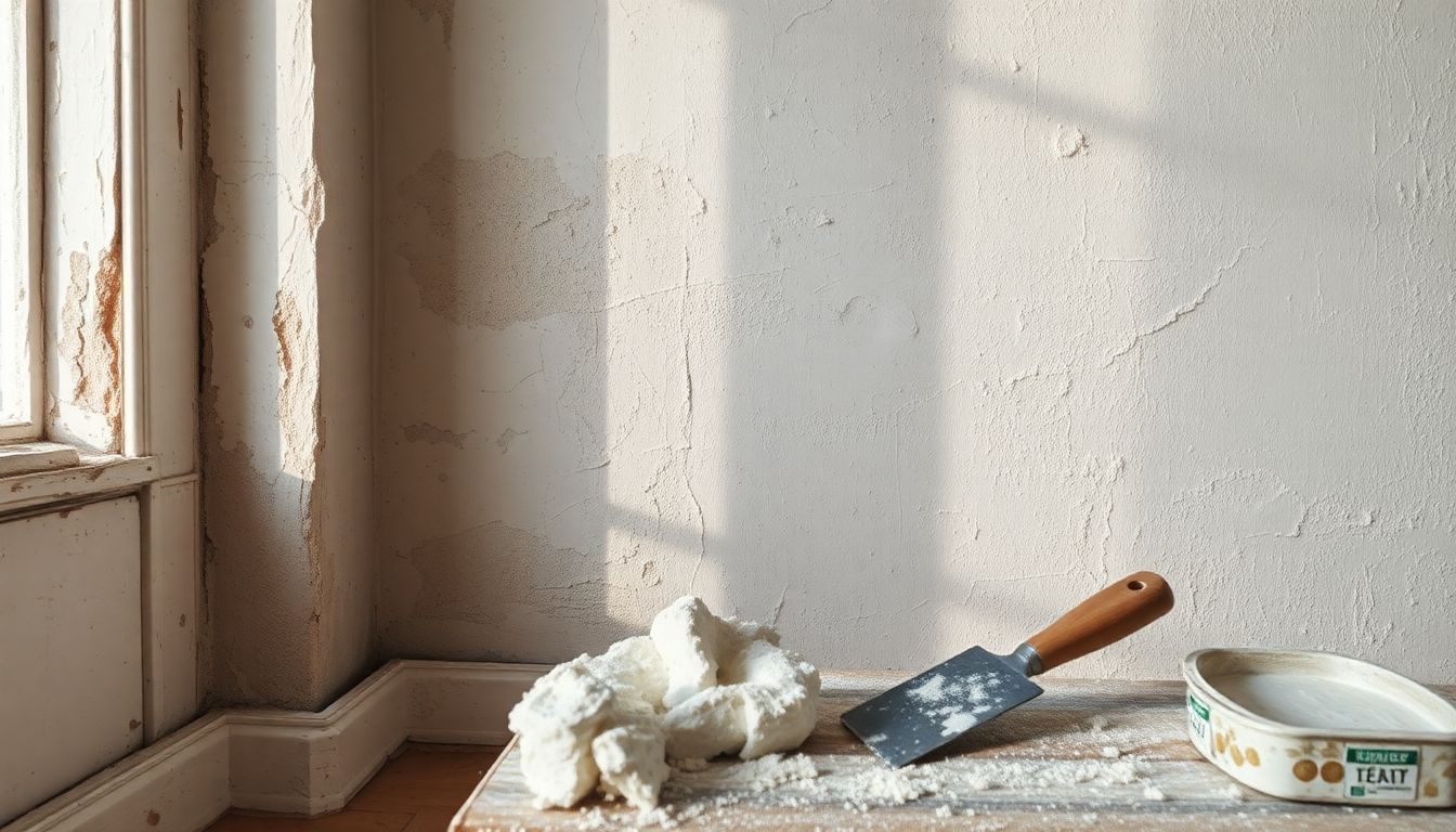 Een verweerde muur met gereedschap voor stucwerk in een kamer.