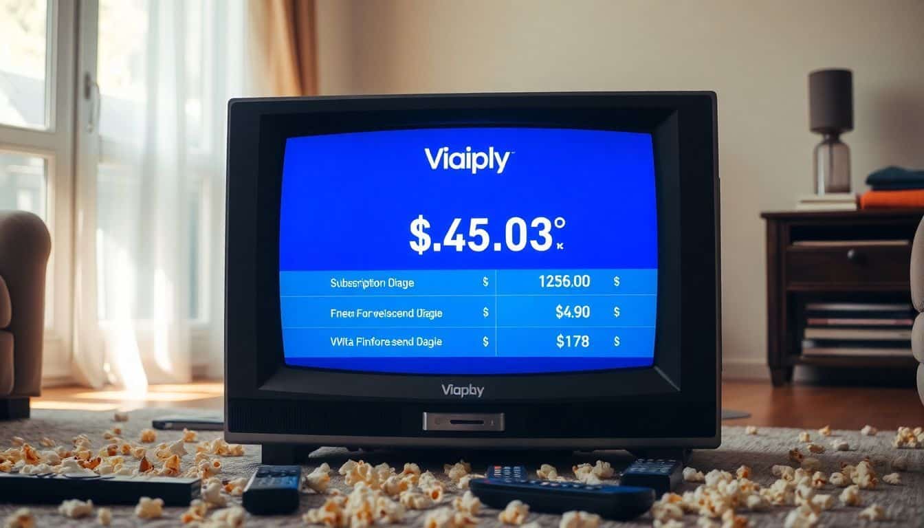 Een oude televisie toont abonnementskosten voor Viaplay.